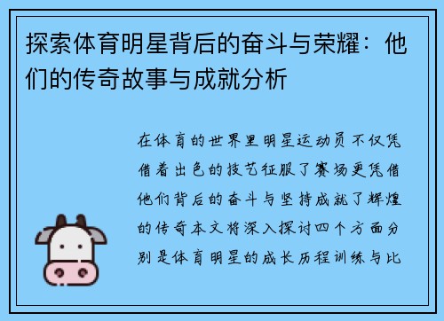 探索体育明星背后的奋斗与荣耀：他们的传奇故事与成就分析